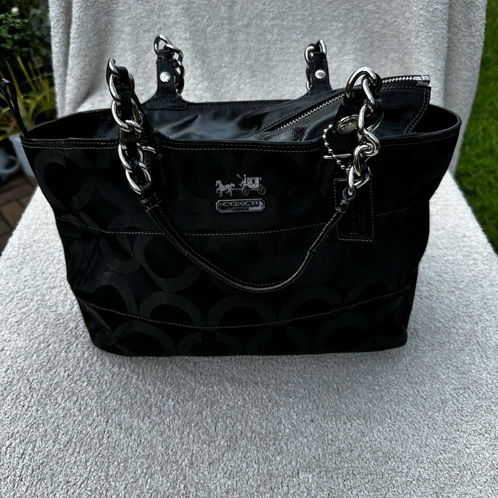 Coach Black Signature Tribeca Madison Op Art tote